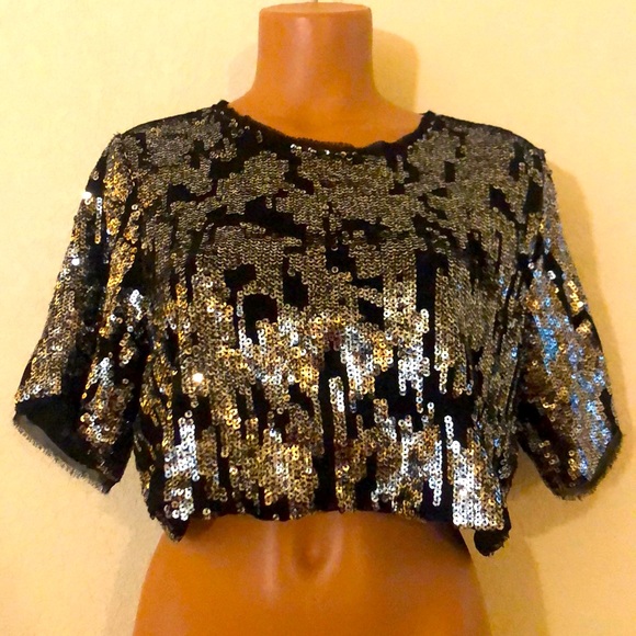 FURY Black Semi Sheer Silver Sequin Crop Top - Picture 8 of 8